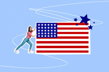 Creative abstract template collage of girl push big flag celebrating 4th july usa independence day fantasy billboard comics zine minimalの写真素材