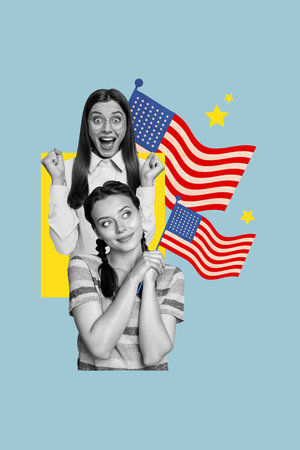 Creative abstract template collage of two funny girls wave flags celebrating 4th july usa independence day fantasy billboard zine minimalの写真素材