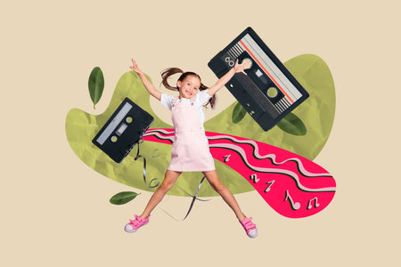 Composite collage image picture of mini girl jump audio cassette isolated on creative backgroundの写真素材
