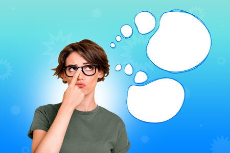Creative surreal picture collage of confused clever girl thinking speech comics bubble on blue color...