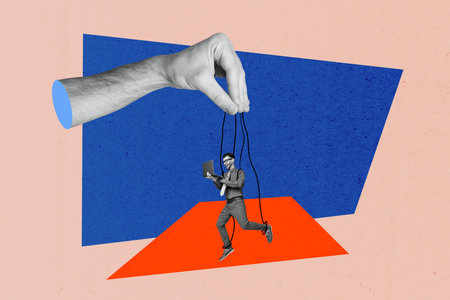 Creative image collage young man 3d hand manipulate control doll puppet laptop employee remote worker manager drawing backgroundの写真素材