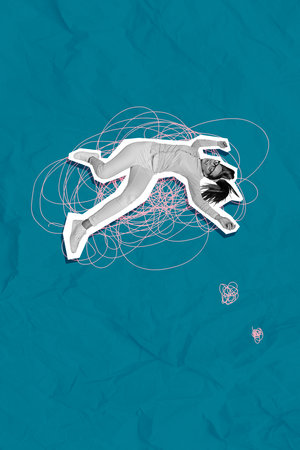 Creative weird collage of girl feel tired lying mess lines on green color background