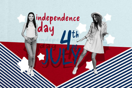 Creative abstract template collage of two funny girls celebrating 4th july usa independence day unusual fantasy billboard comics zineの写真素材