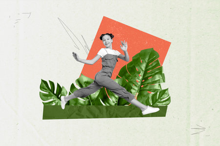 Composite collage image of funny little girl running have fun enjoy nature leaves jungle bizarre unusual fantasy billboardの写真素材