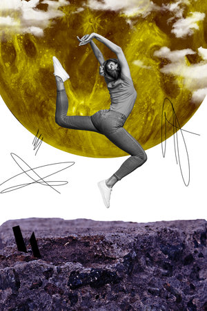 Collage image artwork of funny young woman fly air cosmic space isolated on creative drawing backgroundの写真素材