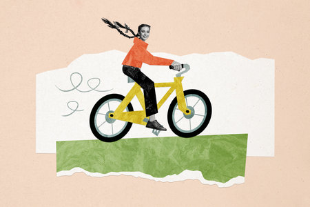 Composite photo collage of excited happy girl fast ride bicycle transport weekend leisure adventure rest isolated on painted backgroundの写真素材