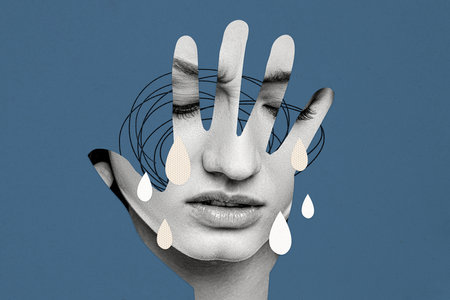 Composite photo collage of hand palm inside scared girl cry water drops depression melancholy mood stress isolated on painted backgroundの写真素材