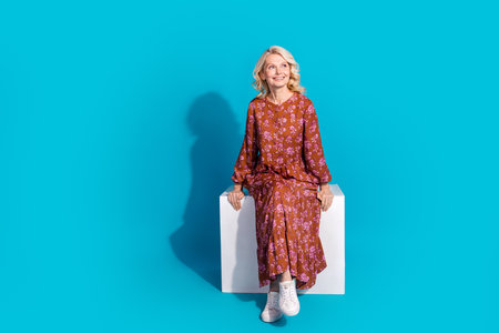 Full length photo of charming positive woman wear brown dress sitting platform empty space isolated blue color backgroundの写真素材