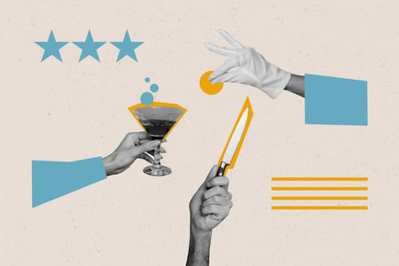 Creative collage human hands body fragment hold martini cocktail glass knife cut kitchen service restaurant bar drink stars customerの写真素材
