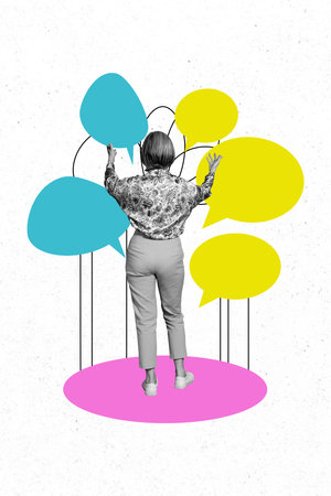 Vertical collage poster mature woman stand back textboxes communication concept forum discussion replies answers share opinionの写真素材