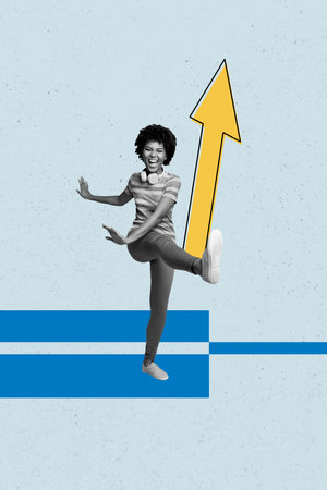Vertical collage image young cheerful girl celebrate success improvement development progress arrow indicator up dance positive moodの写真素材