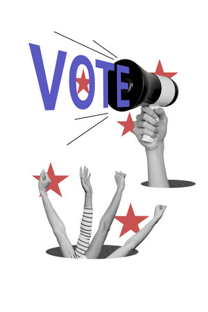 Creative trend collage of hand hold toa announce vote election ballot democracy concept weird...