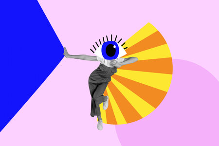 Creative trend collage of funny dancing female big eye instead head have fun discotheque weird freak bizarre unusual fantasyの写真素材
