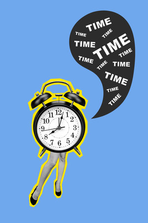 Composite collage image of female legs clock body time management speech bubble fantasy billboard...
