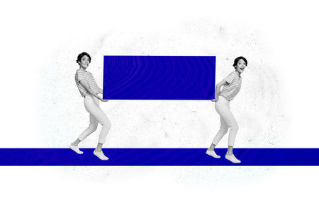Creative abstract collage of two funny girls carry building blocks blue rectangle career development...