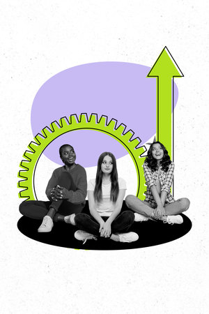 Vertical collage image young group women sit success achievement progress improvement cogwheel...