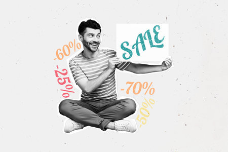 Collage image artwork of happy cheerful man sitting showing special sale news isolated on creative drawing backgroundの写真素材