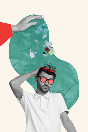 Vertical artwork collage image of black white effect arm throw garbage guy head isolated on creative backgroundの写真素材