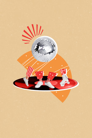 Creative trend collage of dancing legs discoball bachelorette event discotheque prom holiday festive...