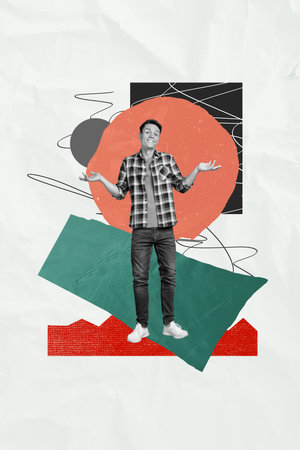 Vertical composite collage image picture of black white effect guy shrug shoulders isolated on creative backgroundの写真素材