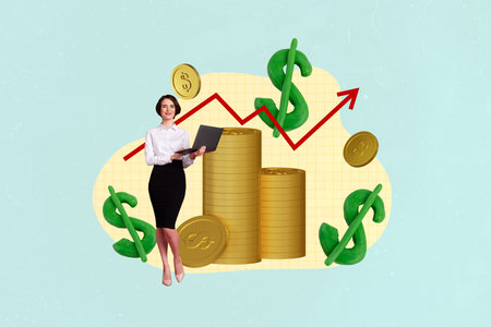 Composite trend artwork sketch photo collage of money graphics trader coins usd young woman office manager hold laptop work projectの写真素材