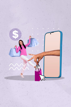 Vertical composite artwork collage image picture of arm hold big smart phone mini girl bags isolated on creative backgroundの写真素材