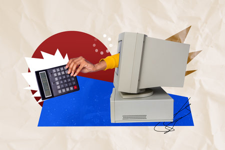 Composite artwork collage image picture of computer screen arm hold calculator isolated on creative...