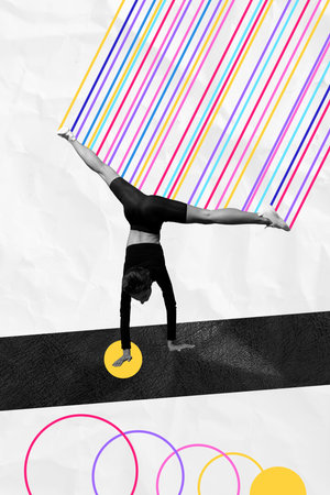Vertical composite collage image picture of girl stand arms isolated on creative background