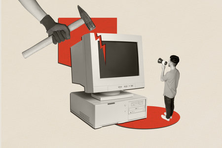 Photo collage artwork composite image of silhouette hand hold hammer brick monitor computer retro vintage young man hold loudspeakerの写真素材