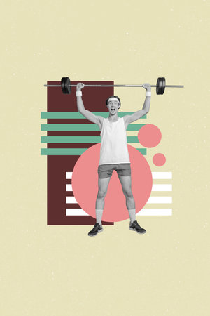 Trend artwork composite image collage of sport active lifestyle young man game player sportsman hand hold kettlebell dumbbell lift upの写真素材