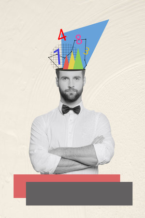 Composite artwork sketch image collage of outdoors monochrome young man half head open stand confident brain think math numbers graphicsの写真素材