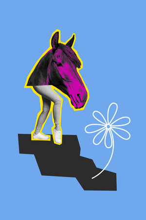 Creative abstract template collage of walking female legs horse head flower nature farm fantasy billboard comics zine minimalの写真素材