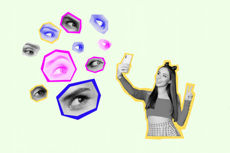 Composite creative photo collage of positive popular girl talk make selfie in social media on...