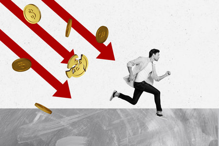 Composite photo collage of serious man run avoid arrow fall dollar coin crack inflation bankrupt...
