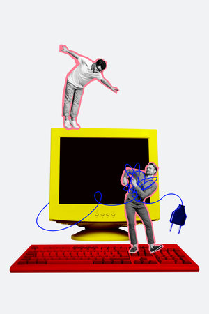 Vertical picture collage computer device monitor screen cable socket plug keyboard screen balancing...