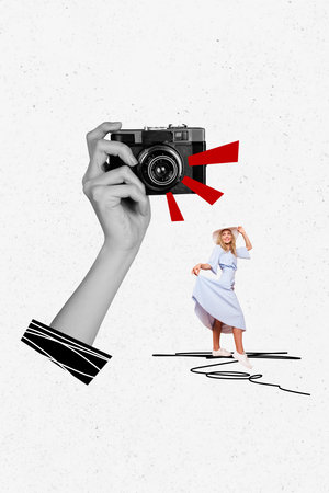 Vertical collage picture young lady dress photo session camera shooting photographer paparazzi beauty drawing backgroundの写真素材