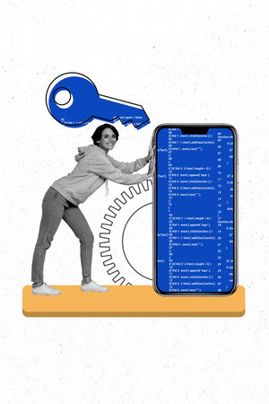 Creative trend collage of entrepreneur young female key telephone programmer coding software weird...