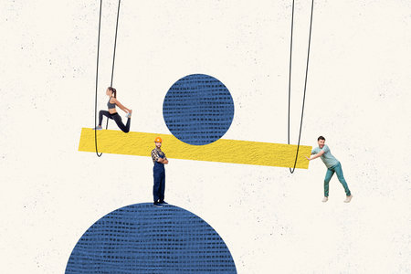 Creative trend collage of funny people keep balance geometric figures building teamwork weird freak bizarre unusual fantasyの写真素材