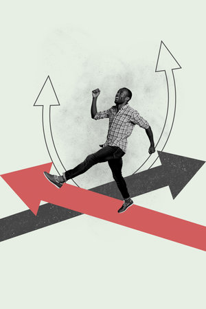 Creative trend collage of walking man arrow point entrepreneur company successful weird bizarre unusual fantasy billboardの写真素材