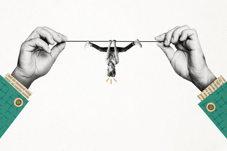 Composite photo collage of hand hold string crazy playful man hang acrobatics tricks psyche disorder isolated on painted backgroundの写真素材