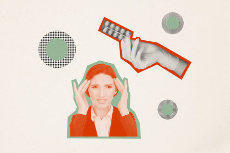 Creative abstract template collage of female worker suffer migraine headache pills medicine fantasy...