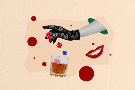 Composite sketch image trend artwork photo collage of casino gambling play fortune risk hand appear hold dice fall into glass alcoholの写真素材