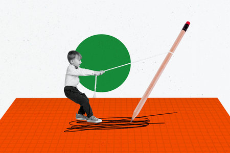 Creative poster collage of funny little boy pull string pencil school day shopping kids education...