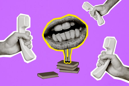 Sketch image composite trend artwork photo collage of bodyless young person stand book woman leg mouth talk hand hold landline phone callの写真素材