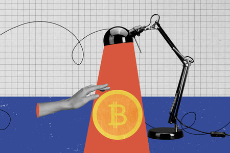 Composite photo collage of hand touch bitcoin money light lamp ray ecommerce trade cryptocurrency finance isolated on painted backgroundの写真素材