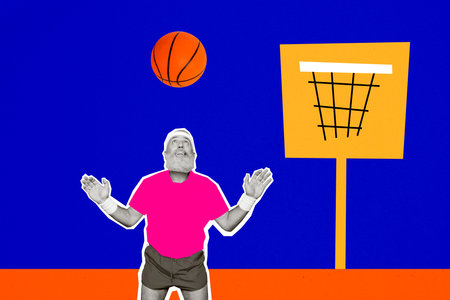 Composite photo collage of old man basketball player push ball net sport lifestyle championship game isolated on painted backgroundの写真素材