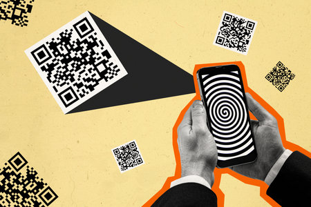 Composite photo collage of hand hold a smartphone device hypnosis wallpaper barcode propaganda scam...