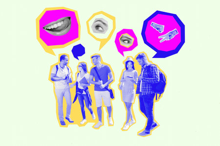 Composite collage image of group young friends talk speech bubble conversation fantasy billboard...
