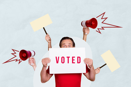 Trend artwork sketch image composite photo collage of man hand hold placard vote loudspeaker talk...