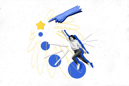 Composite photo collage of serious businesswoman jumper superhero pose promotion star hand index finger isolated on painted backgroundの写真素材